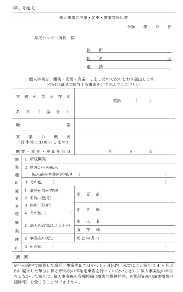 個人事業税の事業開始等申告書